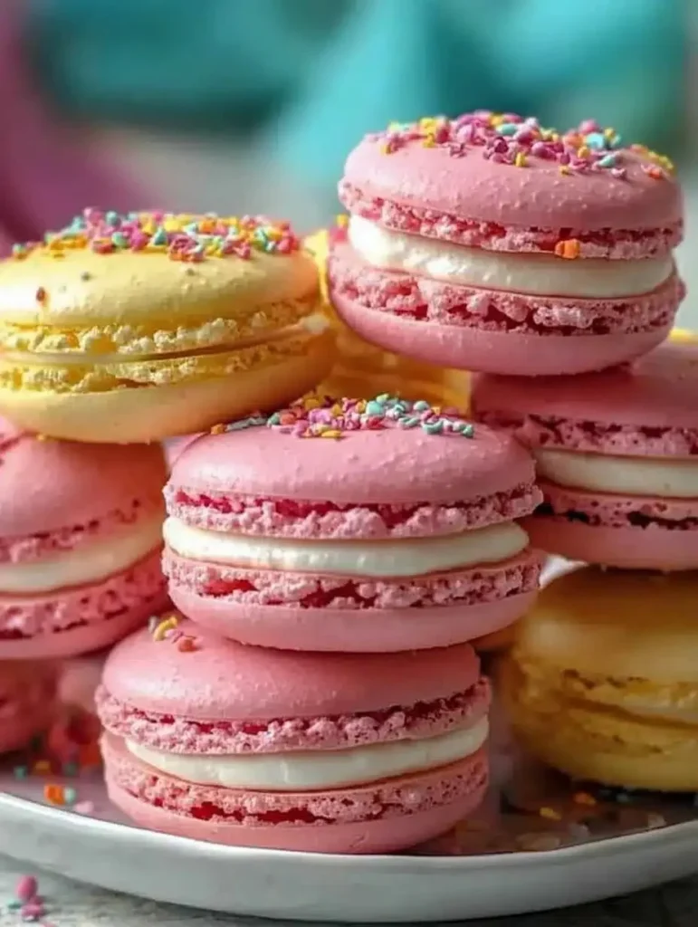 Colorful French macarons in various flavors arranged on a plate.