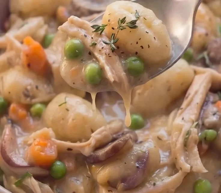 A delicious Gnocchi Chicken Pot Pie served in a baking dish with golden crust.