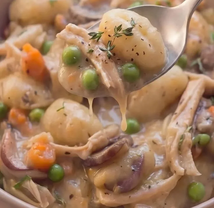 Gnocchi Chicken Pot Pie served in a bowl with herbs on top