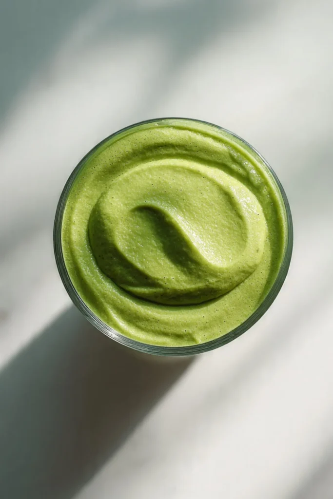 A vibrant green smoothie made with spinach, kale, and fruits in a glass.