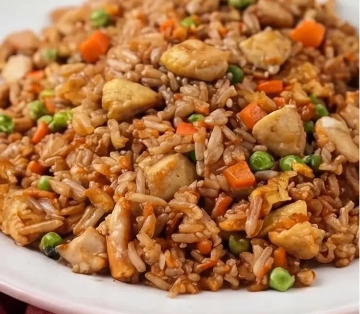 Delicious homemade chicken fried rice in a colorful bowl with vegetables and chicken