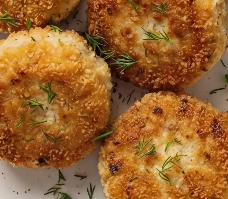 Homemade chicken patties served on a plate with fresh greens and dipping sauce.