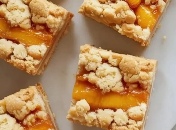 Honey-glazed peach crumble bars with a golden topping and fresh peaches