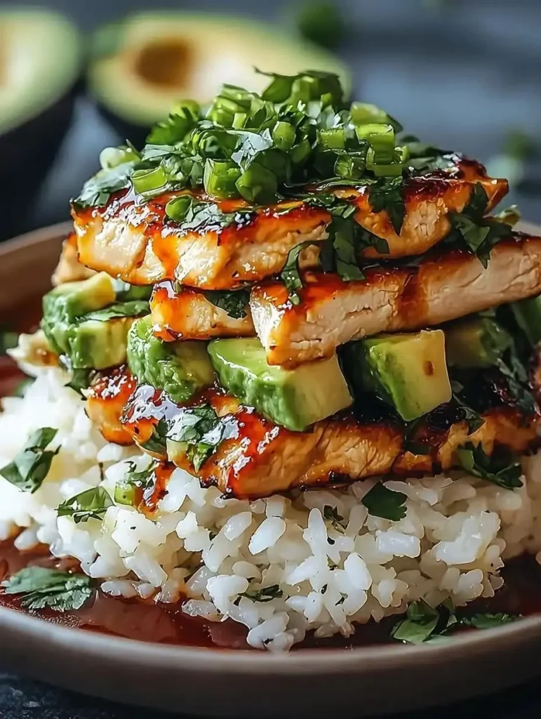 Honey Lime Chicken served with avocado and rice stacks for a vibrant meal