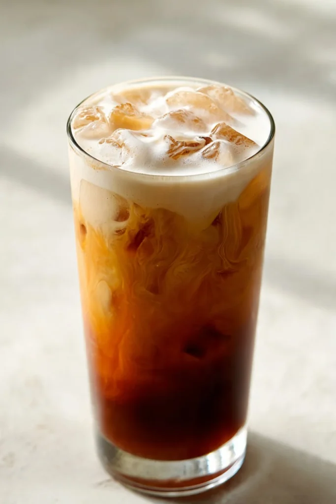 Iced chai beverage topped with cardamom cold foam in a glass.
