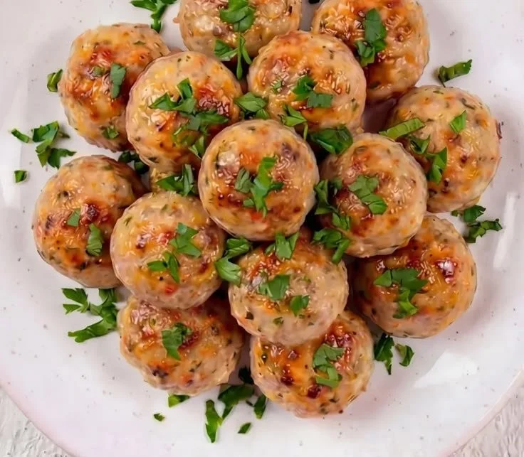 Deliciously juicy baked chicken meatballs served with herbs and spices.