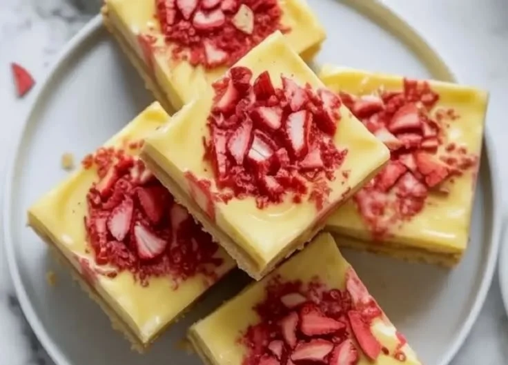 Delicious lemon bars topped with freeze-dried strawberries for a fruity twist.