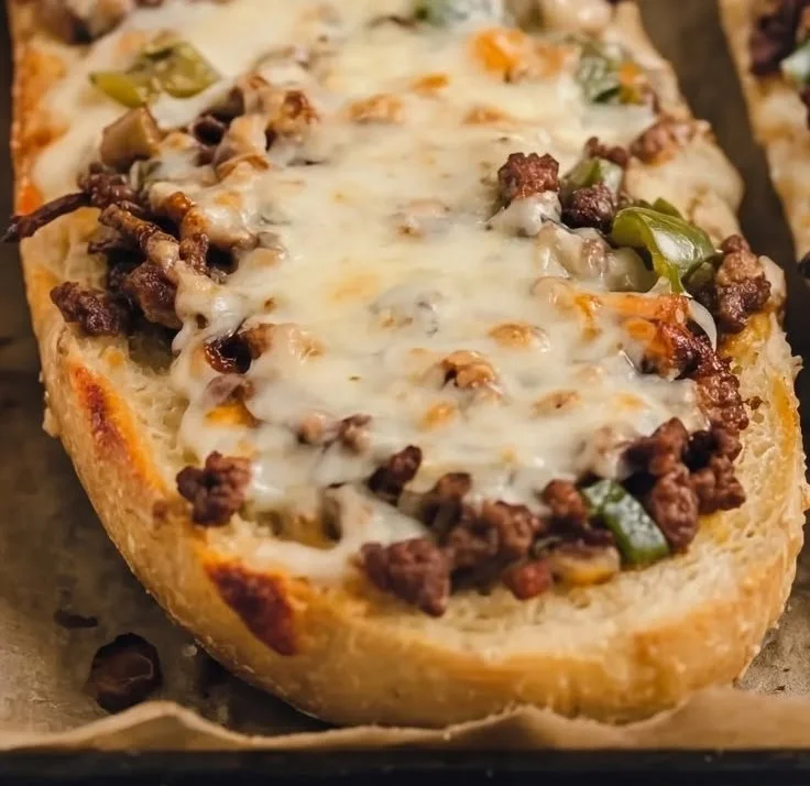 Loaded cheesesteak cheesy bread topped with melted cheese and steak