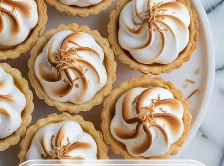 Mini coconut cream pies topped with toasted meringue on a white plate