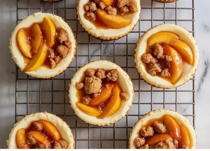 Delicious mini peach cobbler cheesecakes with peach topping and crunchy crust