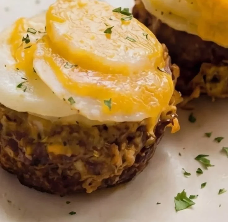 Baked muffin tin meatloaf served with roasted potatoes on a plate.