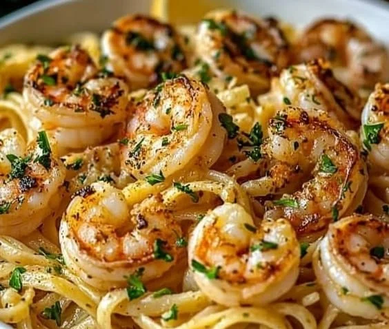 Delicious plate of Old Bay Garlic Shrimp Pasta garnished with fresh herbs.