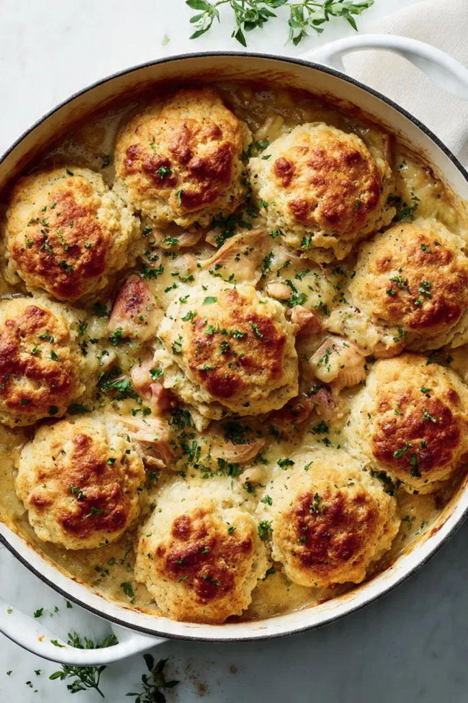One Pan Herbed Chicken and Biscuits with fresh herbs