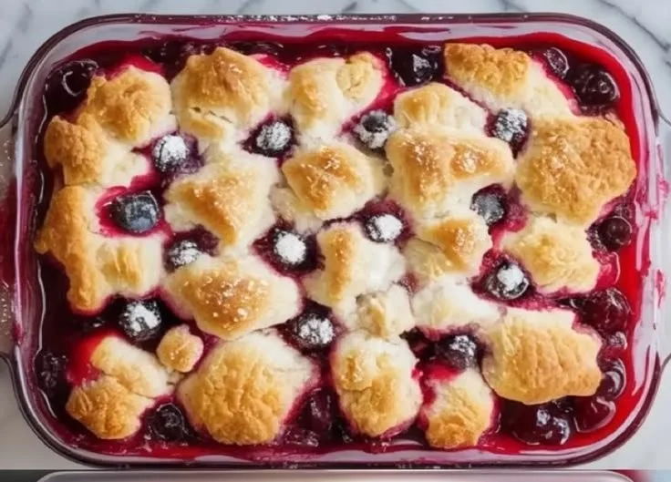 Delicious patriotic cherry cobbler dessert served in a festive setting