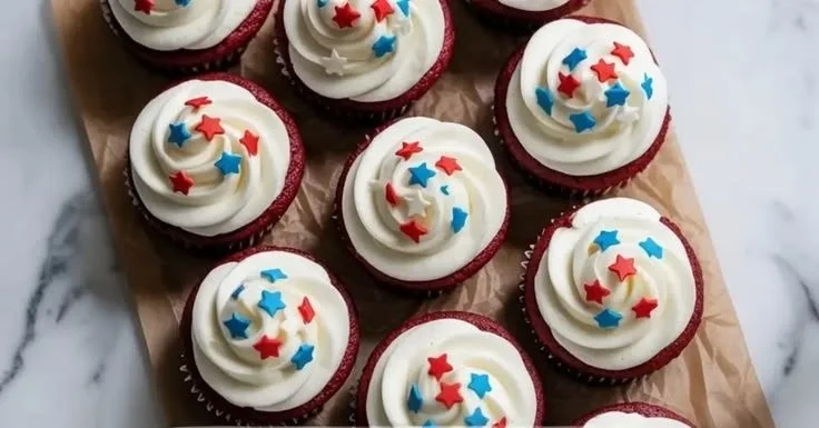 Patriotic red velvet cupcakes with festive decorations for celebrations