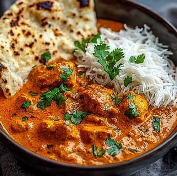 Delicious homemade butter chicken served with naan and rice