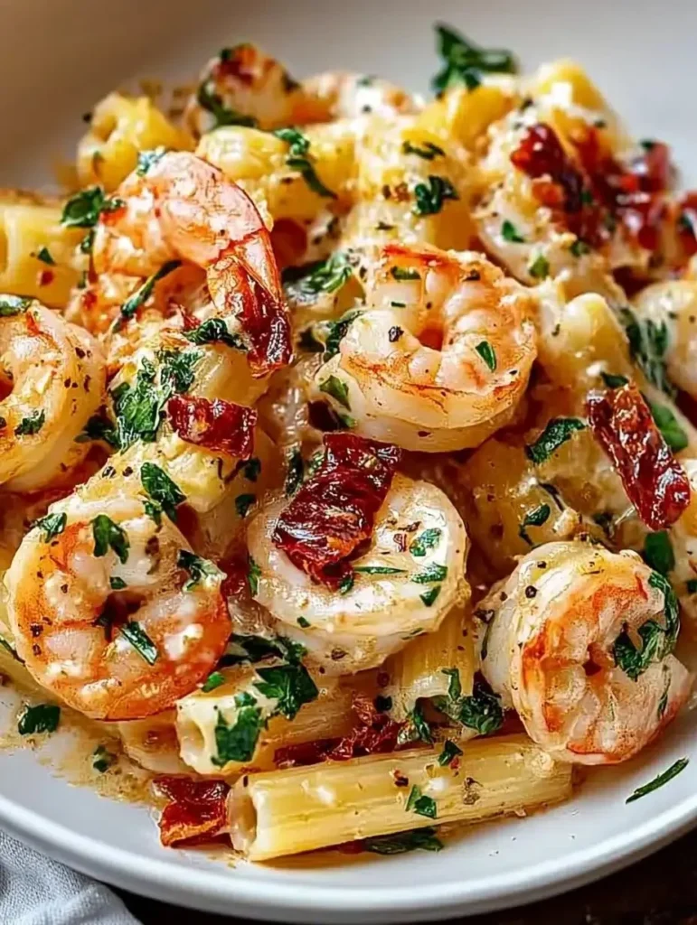 Delicious Tuscan shrimp pasta served with fresh herbs and a creamy sauce.