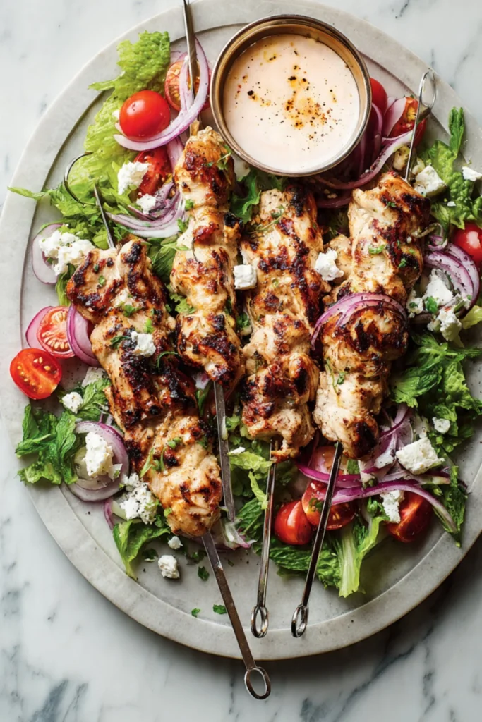 Sheet-pan chicken souvlaki on a serving platter with fresh vegetables.