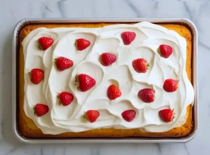 Delicious Sheet Pan Strawberry Shortcake Cake with fresh strawberries and whipped cream