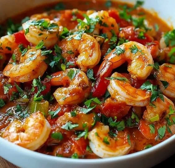 Delicious Shrimp Etouffee served over rice with garnishes.