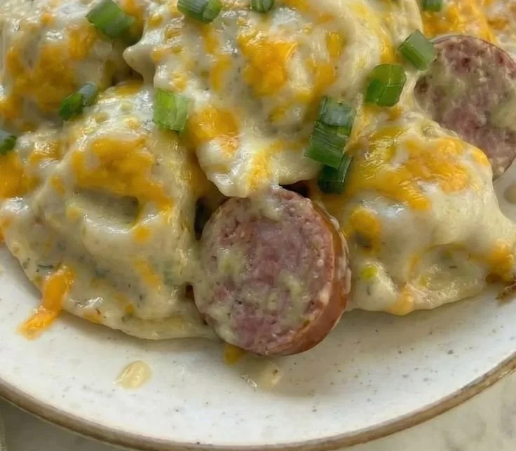 Slow Cooker Pierogi Kielbasa Casserole in a serving dish