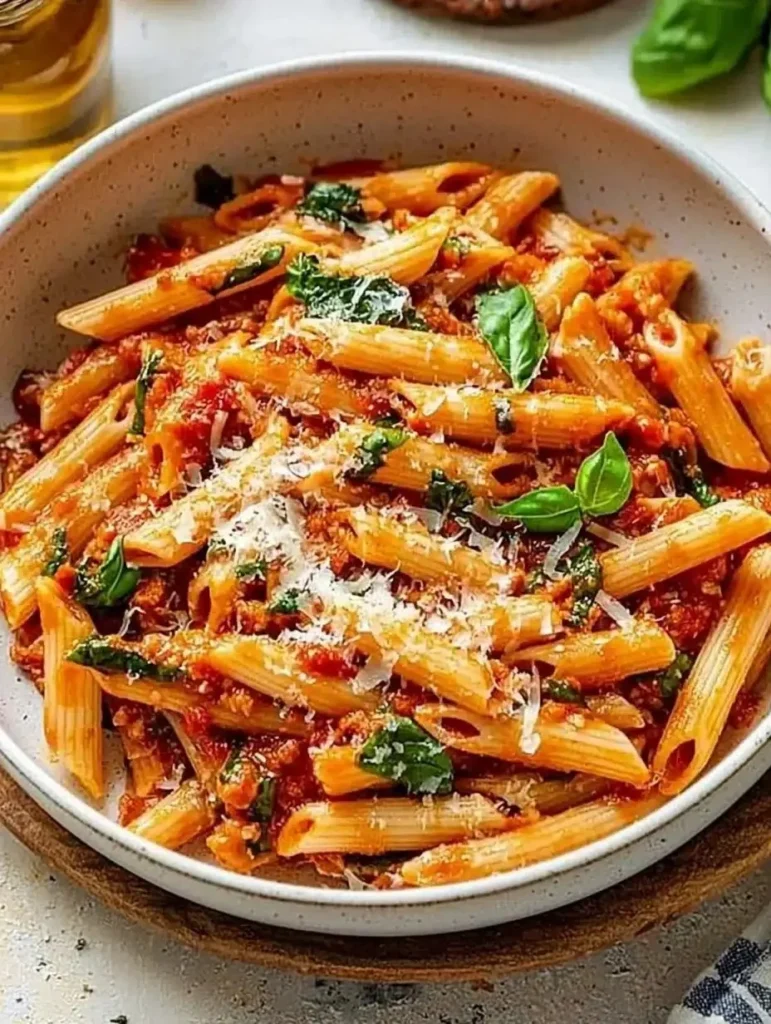 Bowl of spicy Arrabbiata Pasta garnished with fresh basil and chili peppers