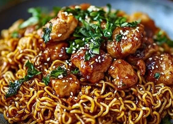 Delicious sticky garlic chicken noodles served in a bowl.