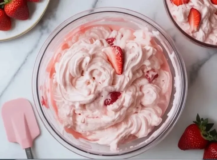 Delicious Strawberry Cheesecake Fluff dessert served in a bowl