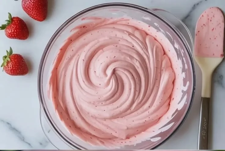Delicious strawberry mousse cake filling ready for dessert decoration