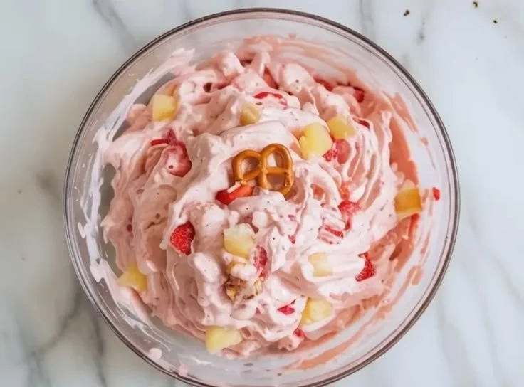 Delicious strawberry pretzel fluff dessert with strawberries and pretzel crust.