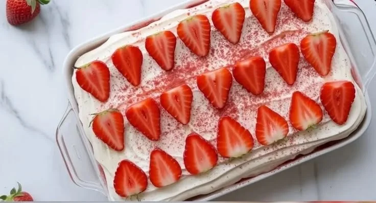 Strawberry tiramisu layered dessert with fresh strawberries and cream