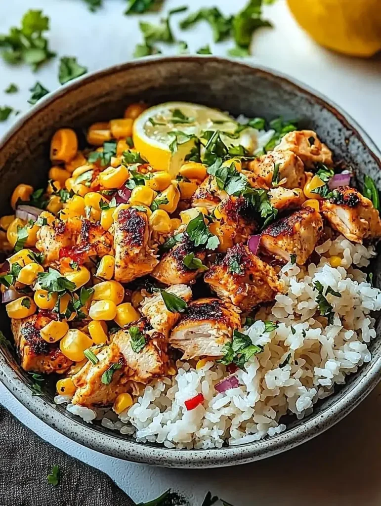 Delicious Street Corn Chicken Rice Bowl topped with fresh ingredients