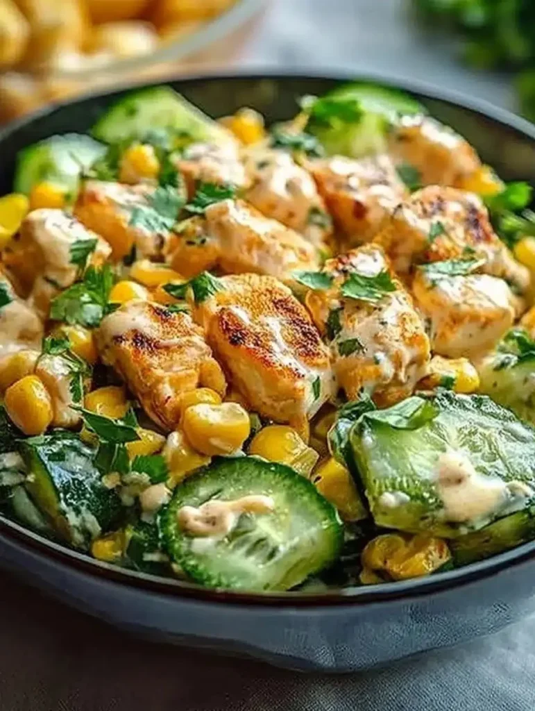 Delicious Street Corn Creamy Cucumber Chicken Salad with vibrant vegetables