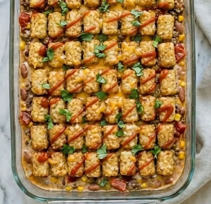 Tater Tot Cowboy Casserole served in a baking dish with melted cheese and ground beef