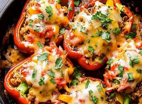 Colorful vegetarian stuffed peppers filled with grains and vegetables.