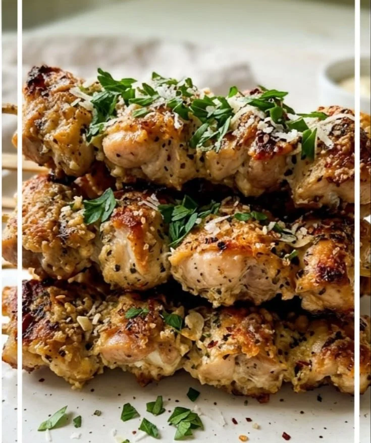 Delicious Air Fryer Garlic Parmesan Chicken Skewers garnished and ready to serve