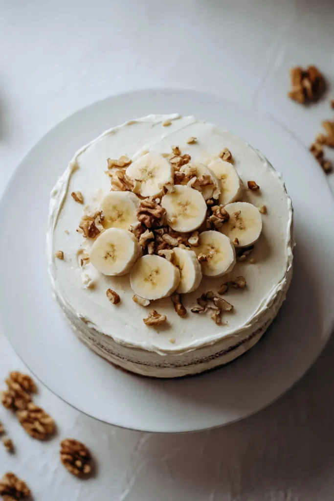Deliciously layered Banana Walnut Cream Cake with creamy banana and crunchy walnuts