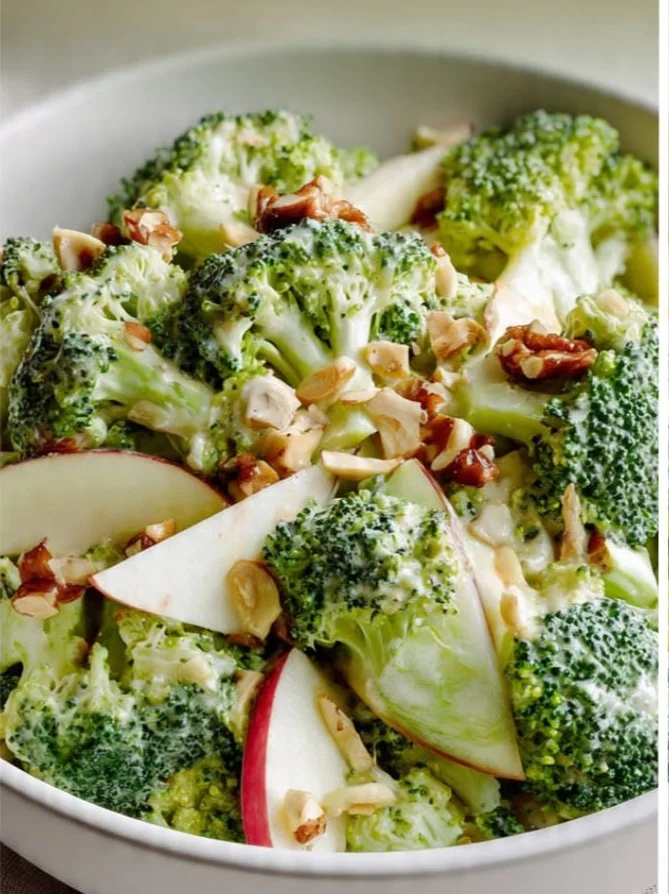 Bright and crunchy broccoli apple slaw served in a bowl
