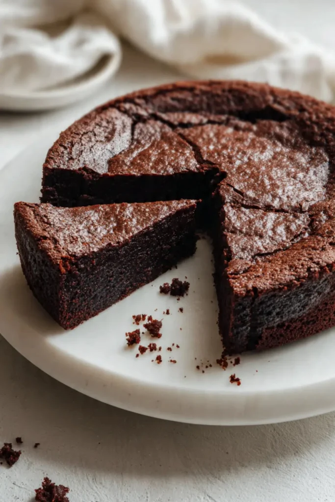 Chocolate brownie cake topped with cocoa frosting and served on a plate