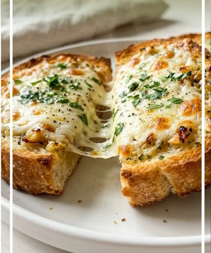 Delicious cheesy roasted garlic bread topped with herbs and melted cheese