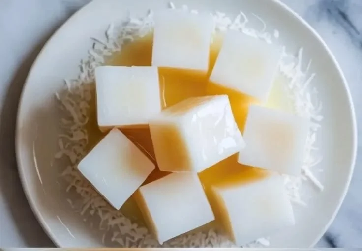 Delicious Coconut Jelly dessert served in a bowl with fresh coconut slices.