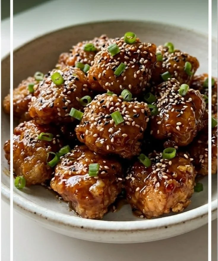 Crispy honey garlic chicken bites garnished and served in a bowl