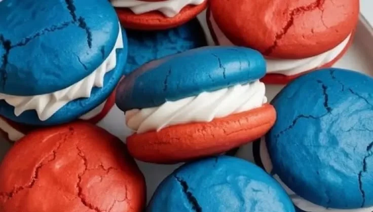 Fourth of July whoopie pies decorated in red, white, and blue colors.