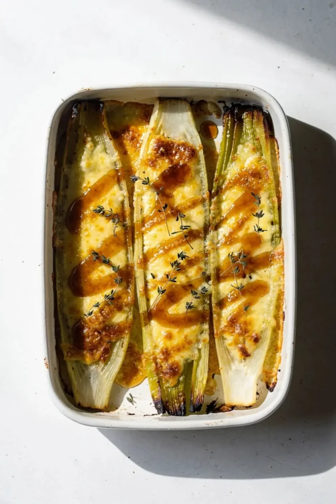 Delicious Hot Honey Cheesy Leeks baked to perfection with a spicy glaze