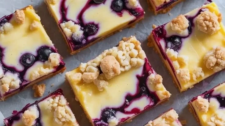 Lemon Blueberry Crumb Bars with crumb topping on a white plate