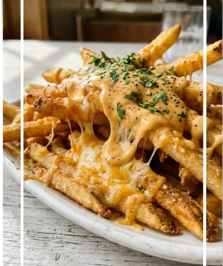 Delicious loaded cheese fries topped with melted cheese and crispy toppings