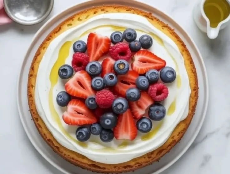 Mascarpone Olive Oil Berry Cake topped with fresh berries and whipped cream