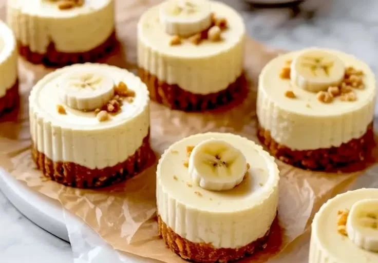 Mini banana mousse cheesecakes topped with cream and banana slices