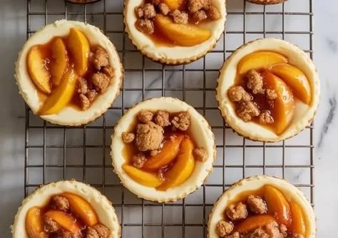 Mini peach cobbler cheesecakes topped with fresh peaches and crumbly crust.