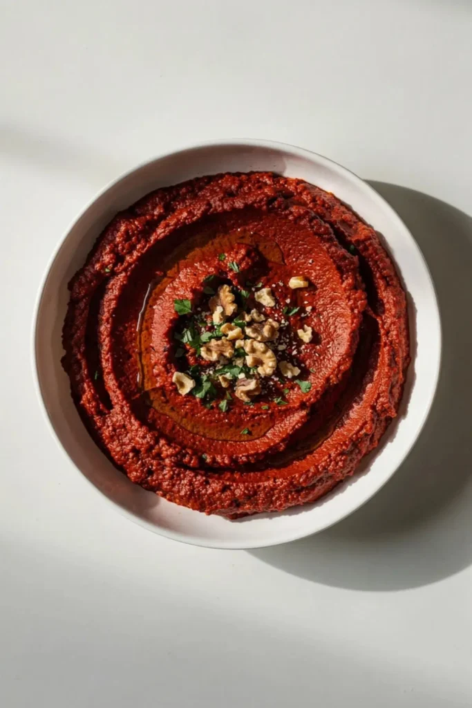 Bowl of Muhammarah dip served with pita bread and fresh vegetables